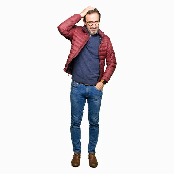 Middle Age Handsome Man Wearing Glasses Winter Coat Confuse Wonder — Stock Photo, Image