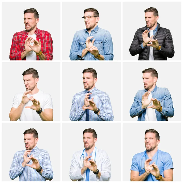 Collage Van Aantrekkelijke Jonge Man Witte Geïsoleerde Achtergrond Walgen Expressie — Stockfoto