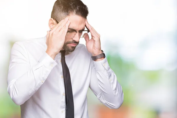 Young Handsome Business Man Wearing Glasses Isolated Background Hand Head — Stock Photo, Image