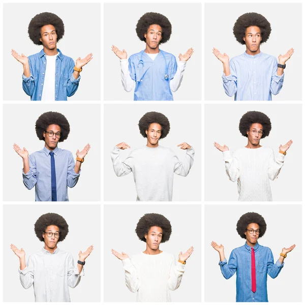 Collage of young man with afro hair over white isolated background clueless and confused expression with arms and hands raised. Doubt concept.