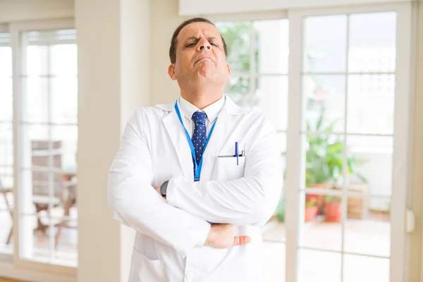 Middle Age Doctor Man Wearing Medical Coat Card Badge White — Stock Photo, Image