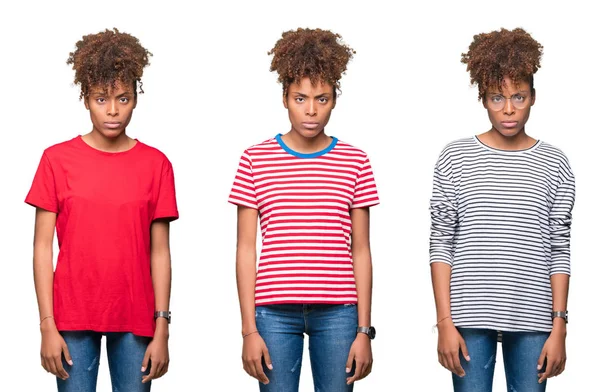 Izole arka plan şüpheci ve sinir üzerinde genç güzel Afrikalı kız Kolaj, sorun nedeniyle üzgün kaşlarını çatma. Negatif kişi.