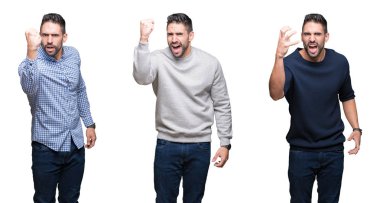 Beyaz izole arka plan öfkeli ve sinirli sinirli ve öfke ile bağırarak süre öfkeli yumruk yükselterek yakışıklı iş adam kolaj. Öfke ve agresif kavramı.