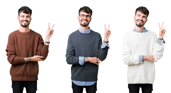 Colagem Jovem Vestindo Uma Camisola Sobre Fundo Isolado Sorrindo Com — Fotografia de Stock