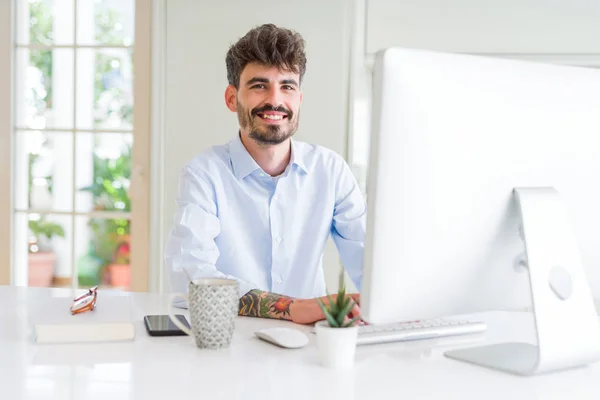 Hombre joven de negocios guapo que trabaja usando la computadora, sonriendo conf —  Fotos de Stock