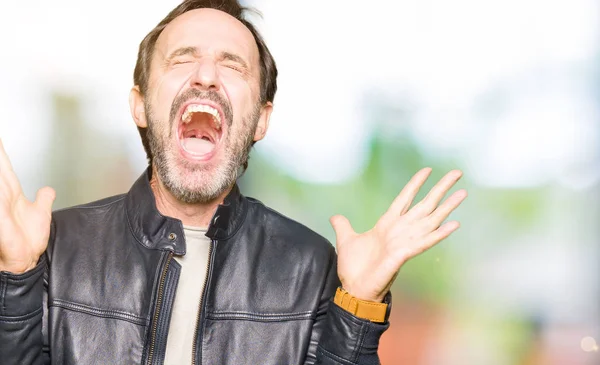 Middle Age Handsome Man Wearing Black Leather Jacket Celebrating Mad — Stock Photo, Image