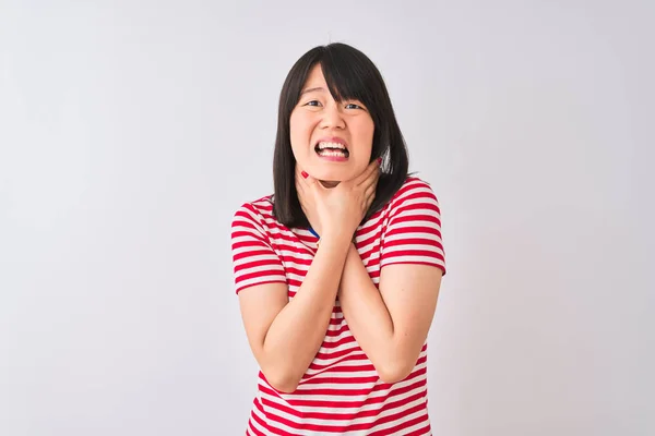 Young Beautiful Chinese Woman Wearing Red Striped Shirt Isolated White — Stock Photo, Image