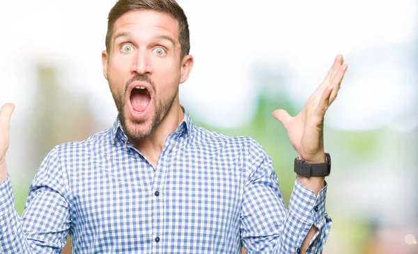 Handsome Business Man Blue Eyes Celebrating Crazy Amazed Success Arms — Stock Photo, Image