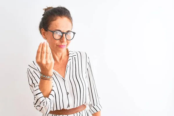 Middle Age Businesswoman Wearing Striped Dress Glasses Isolated White Background — Stock Photo, Image