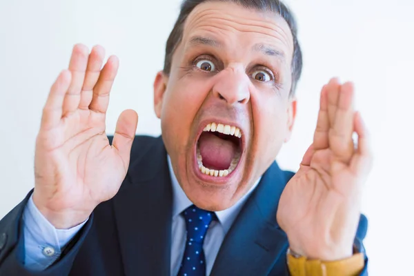 Middle Age Man Shouting Crazy Hands Mouth White Wall Background — Stock Photo, Image