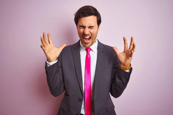 Young Handsome Businessman Wearing Suit Tie Standing Isolated Pink Background — Stock Photo, Image