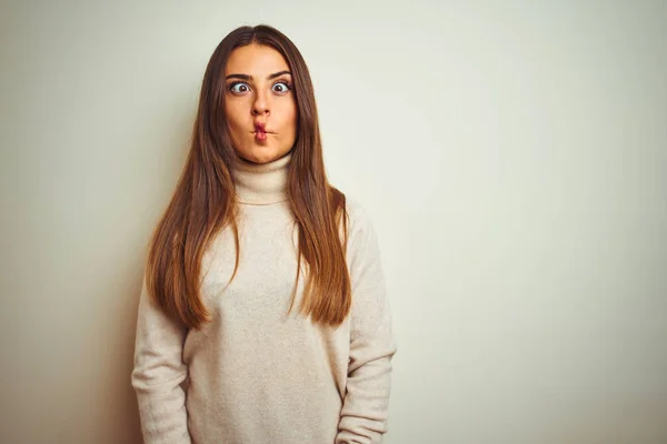 Junge Schöne Frau Winter Rollkragenpullover Über Isoliertem Weißen Hintergrund Macht — Stockfoto