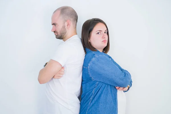 Casal Jovem Juntos Sobre Fundo Isolado Branco Cético Nervoso Desaprovando — Fotografia de Stock