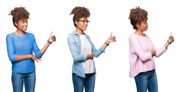 Collage Young Beautiful African Girl Isolated Background Looking Proud Smiling — Stock Photo, Image