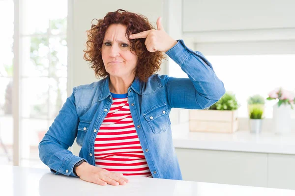 Middle Age Senior Woman Curly Hair Wearing Denim Jacket Home — Stock Photo, Image