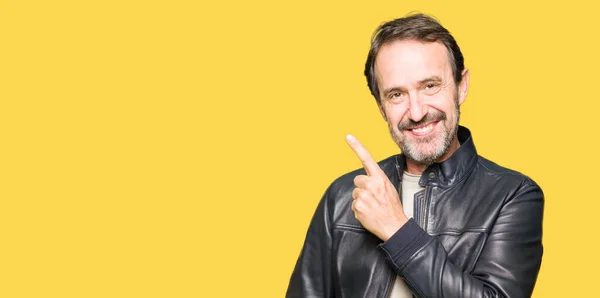 Middle Age Handsome Man Wearing Black Leather Jacket Cheerful Smile — Stock Photo, Image