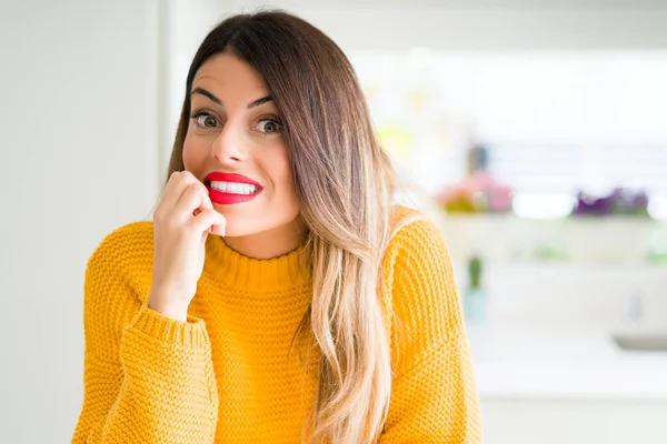 Young Beautiful Woman Wearing Winter Sweater Home Looking Stressed Nervous — Stock Photo, Image