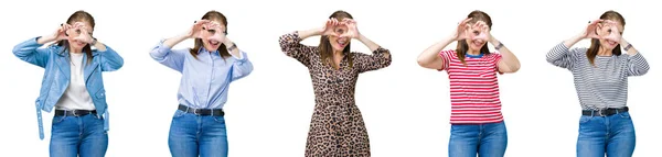 分離の背景手と指の標識を見て笑みを浮かべて行うハートの上の美しい中年女性のコラージュ — ストック写真