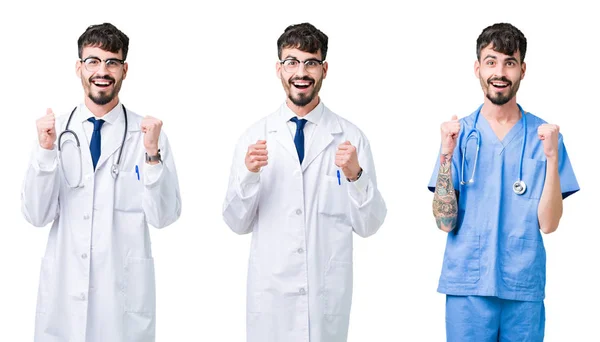 Kolase Dokter Pria Mengenakan Mantel Medis Atas Latar Belakang Terisolasi — Stok Foto