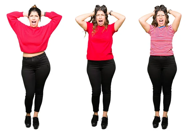 Collage Beautiful Young Woman White Isolated Background Crazy Scared Hands — Stock Photo, Image