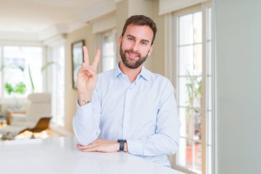 Mutlu yüz zafer işareti yaparken kameraya göz kırpıyor ile gülümseyen yakışıklı iş adamı. İki numaralı.