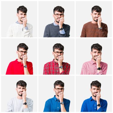 Genç adam stresli ve gergin ile izole arka plan üzerinde kolaj tırnak ısırma dudaklarından eller. Anksiyete sorunu.