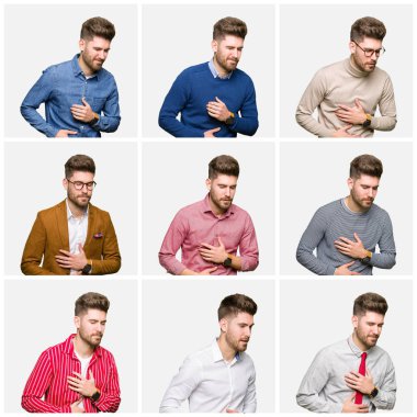 Mide üzerinde el ile beyaz izole arka plan üzerinde farklı görünüyor giyen yakışıklı genç iş adamı Kolaj, ağrılı hastalık kötü hissediyorum çünkü. Ağrı kavramı.