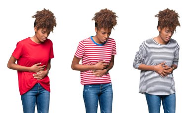 Collage of young beautiful african girl over isolated background with hand on stomach because indigestion, painful illness feeling unwell. Ache concept. clipart