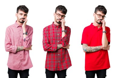 Izole arka plan üzerinde gözlük takan genç adamın kolaj yorgun görünümlü ve çapraz kolları ile depresyon sorunları ile sıkılmış düşünme.