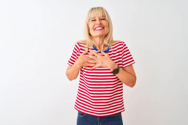 Frau Mittleren Alters Lässig Gestreiftem Shirt Vor Isoliertem Weißem Hintergrund — Stockfoto