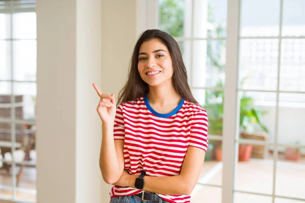 Beautiful Young Woman Smiling Cheerful Pointing Side Fingers — Stock Photo, Image
