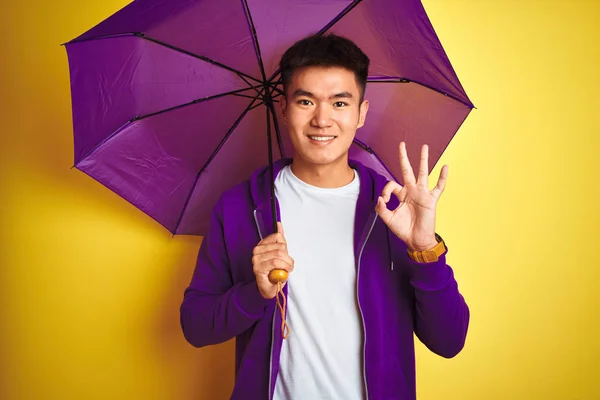 Asiático Chinês Homem Vestindo Roxo Guarda Chuva Sobre Isolado Amarelo — Fotografia de Stock