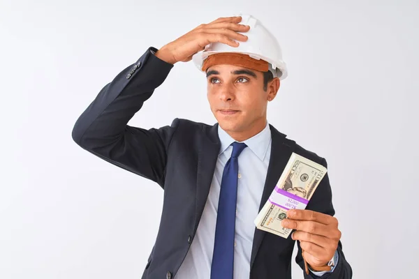 Young Handsome Architect Man Wearing Helmet Holding Dollars Isolated White — Stock Photo, Image