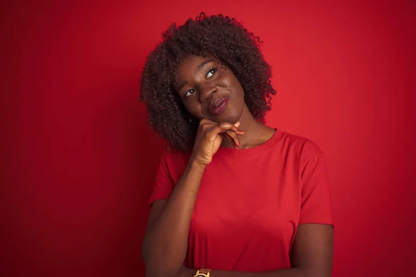 Junge Afrikanische Afro Frau Shirt Vor Isoliertem Rotem Hintergrund Die — Stockfoto