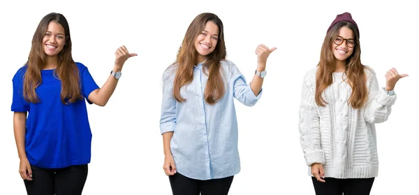 Colagem Bela Jovem Sobre Fundo Isolado Sorrindo Com Rosto Feliz — Fotografia de Stock