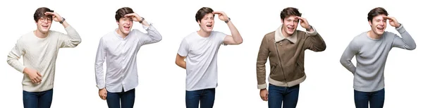 Collage Hombre Joven Sobre Fondo Blanco Aislado Muy Feliz Sonriente — Foto de Stock
