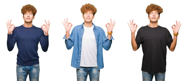 Collage Hombres Jóvenes Con Pelo Rizado Sobre Fondo Blanco Aislado — Foto de Stock