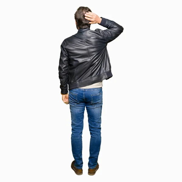 Middle Age Handsome Man Wearing Black Leather Jacket Backwards Thinking — Stock Photo, Image