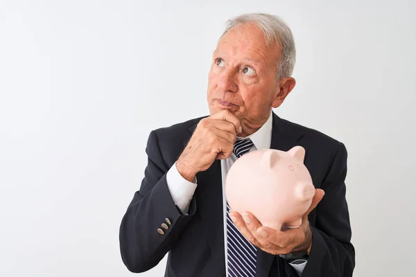 Senior Grey Haired Businessman Holding Piggy Bank Standing Isolated White — Stock Photo, Image