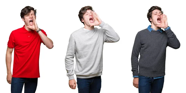Collage Hombre Joven Sobre Fondo Blanco Aislado Gritando Gritando Fuerte —  Fotos de Stock