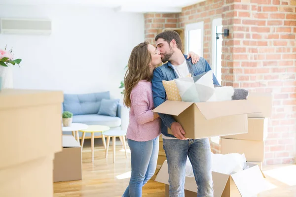 Young Beautiful Couple Very Happy Together Holding Cardboard Boxes Moving — Stock Photo, Image