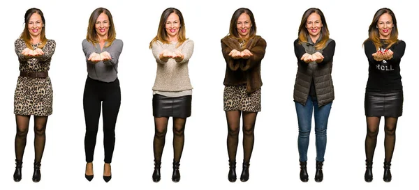 Collage Hermosa Mujer Mediana Edad Con Diferentes Miradas Sobre Fondo — Foto de Stock