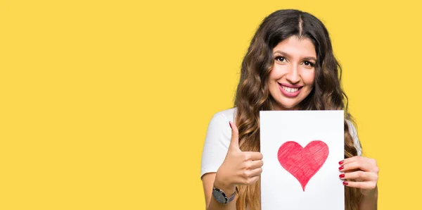 Young Adult Woman Holding Card Red Heart Happy Big Smile — Stock Photo, Image