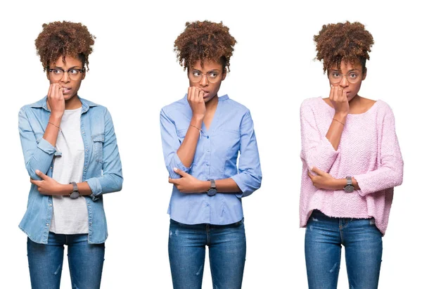 Collage Unga Vackra Afrikanska Flicka Över Isolerade Bakgrund Ser Stressad — Stockfoto