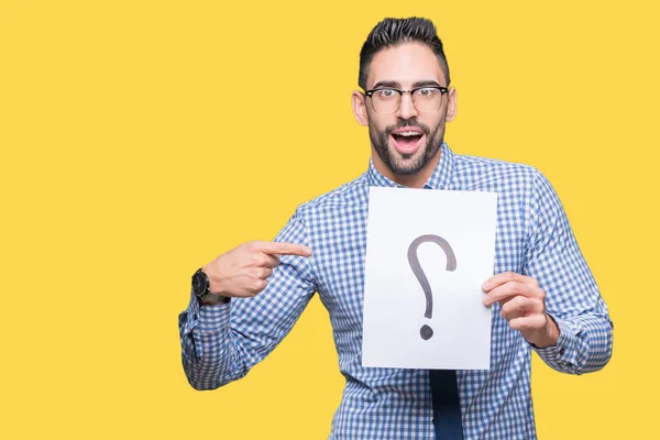 Handsome Young Business Man Holding Paper Question Mark Isolated Background — Stock Photo, Image