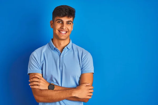 Jeune Homme Indien Portant Polo Décontracté Debout Sur Fond Bleu — Photo