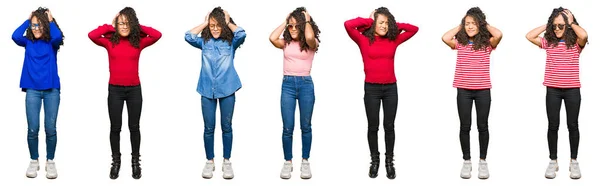 Collage Hermosa Mujer Joven Con Pelo Rizado Sobre Fondo Blanco — Foto de Stock