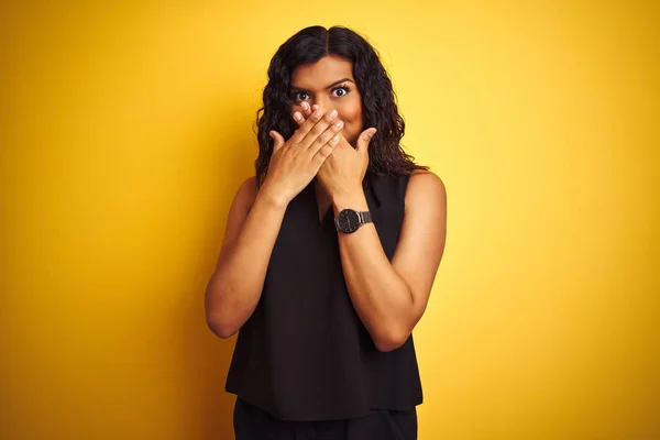 Transsexual Transgender Elegant Businesswoman Standing Isolated Yellow Background Shocked Covering — Stock Photo, Image