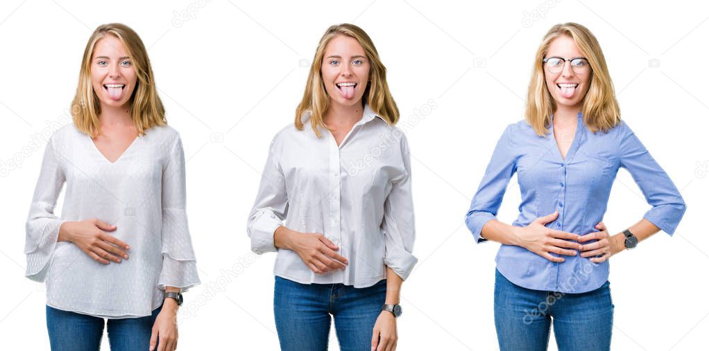 Collage of beautiful blonde business woman over white isolated background sticking tongue out happy with funny expression. Emotion concept.