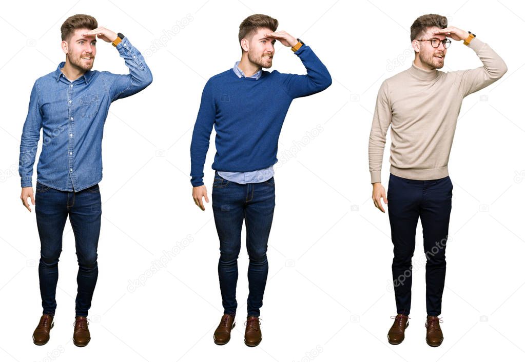 Collage of handsome young business man over white isolated background very happy and smiling looking far away with hand over head. Searching concept.
